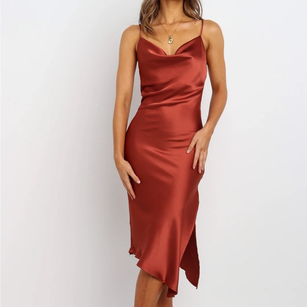 Petal & Pup Asymmetrical Satin Dress in Rust